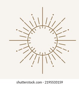 Sun logo design in simple modern line style. Boho element vector illustration with minimal sunshine. Mystic magic esoteric symbol. Isolated on light background.