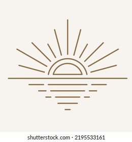 Sun logo design in simple modern line style. Boho element vector illustration with minimal sunshine. Mystic magic esoteric symbol. Isolated on light background.