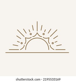 Sun logo design in simple modern line style. Boho element vector illustration with minimal sunshine. Mystic magic esoteric symbol. Isolated on light background.
