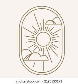 Sun logo design in simple modern line style. Boho element vector illustration with minimal sunshine. Mystic magic esoteric symbol. Isolated on light background.