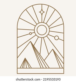Diseño del logotipo del Sol en línea moderna y sencilla. Ilustración vectorial del elemento Boho con mínimo brillo solar. Místico símbolo esotérico mágico. Aislado sobre fondo claro.