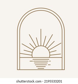 Sun logo design in simple modern line style. Boho element vector illustration with minimal sunshine. Mystic magic esoteric symbol. Isolated on light background.