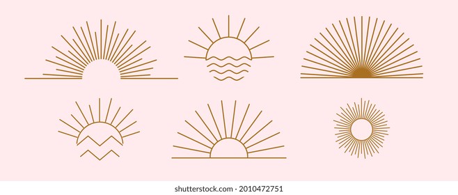 Sun logo design templates. Vector set of linear boho icon and symbols. Minimalistic line art design elements for decorating, social network, and poster. Abstract collection isolated on pink background