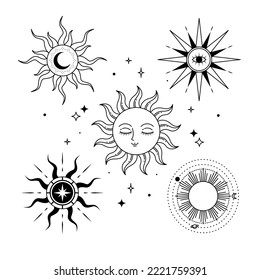 Sun logo in esoteric style collection. Flat occult design