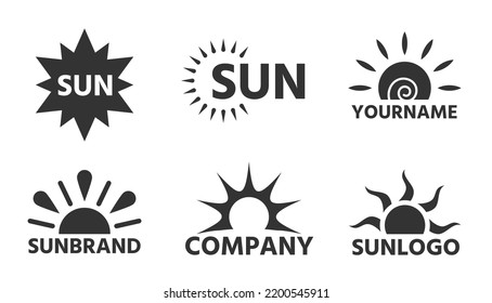 Sun logo flat tag set. Simple graphic solar label. Various shape sunshine business emblem. Cartoon summer sunlight rays sunrise sunset badge. Sunny hot logotype with company name isolated on white