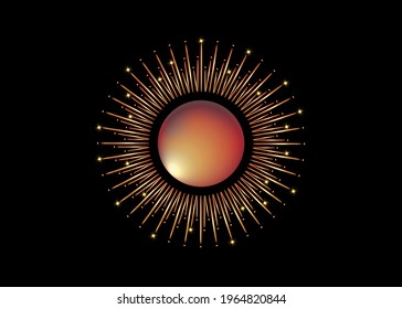 Sun logo gold icon concept of sunburst sign, golden radial rays, filled luxury shiny orange symbol, concept of solar eclipse, gold frame border vector isolated on black background