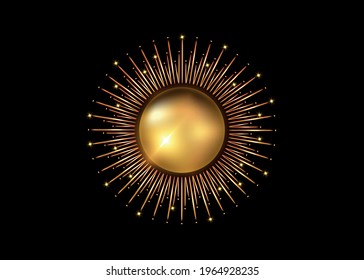 Sun logo gold icon concept of sunburst sign, golden radial rays, filled luxury shiny orange symbol, concept of solar eclipse, gold frame border vector isolated on black background