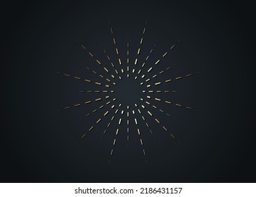 Sun logo gold icon concept of sunburst sign, golden radial rays, filled luxury shiny orange symbol, concept of solar eclipse, gold frame border vector isolated on black background