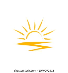 sun logo icon with brush. Summer concept of sunburst with orange color. Hot weather month.