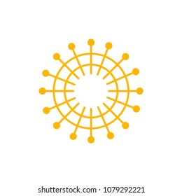 sun logo icon with connecting line and dot. Summer technology concept of sunburst with orange color.