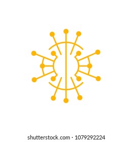 sun logo icon with connecting line and dot. Summer technology concept of sunburst with orange color.