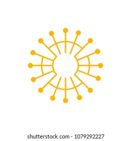sun logo icon with connecting line and dot. Summer technology concept of sunburst with orange color.