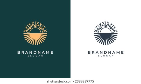 Sun logo icon. Sun logo with sea wave vector design. Luxury abstract sun logo vector