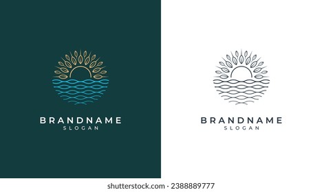 Sun logo icon. Sun logo with sea wave vector design. Luxury abstract sun logo vector