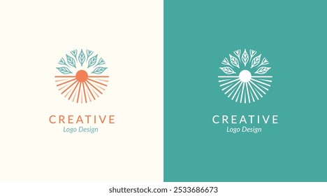 Sun logo icon template. Sun logo with leaf and plant vector set design