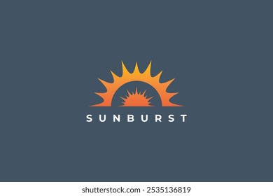 Sun Logo Image. Half Of Sunburst With Bright Color Isolated On Blue Background. Flat Vector Logo Design Template Element Usable For Nature And Vacation Logos.