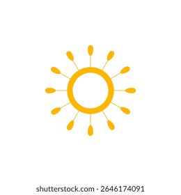 Sun Logo Long Rays Boho Style for July heat, summer vacation, beach travel, henna sun symbol, boho festival graphics, seasonal weather concept with natural energy and warmth. Vector Illustration
