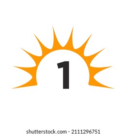 Sun Logo On Letter 1 Concept. Sun Icon Vector Design With 1 Letter Template 