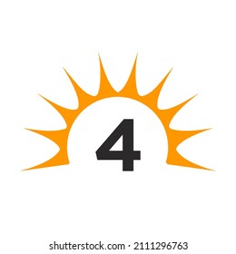 Sun Logo On Letter 4 Concept. Sun Icon Vector Design With 4 Letter Template 
