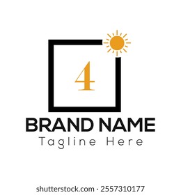 Sun Logo on Letter 4 Sign. Sun Icon with Logotype Concept
