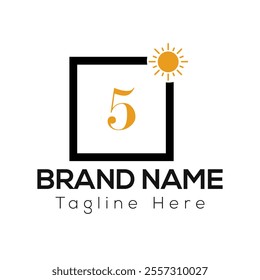 Sun Logo on Letter 5 Sign. Sun Icon with Logotype Concept