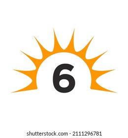 Sun Logo On Letter 6 Concept. Sun Icon Vector Design With 6 Letter Template 