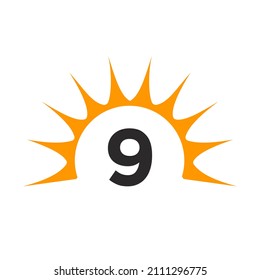 Sun Logo On Letter 9 Concept. Sun Icon Vector Design With 9 Letter Template 