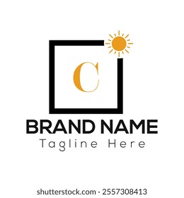 Sun Logo on Letter C Sign. Sun Icon with Logotype Concept
