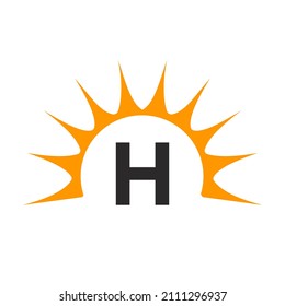 Sun Logo On Letter H Concept. Sun Icon Vector Design With H Letter Template 