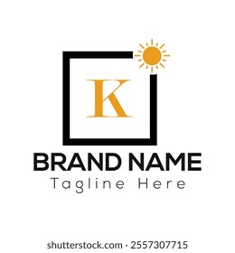 Sun Logo on Letter K Sign. Sun Icon with Logotype Concept