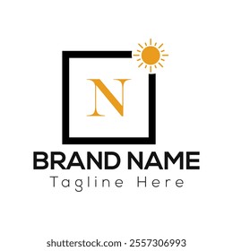 Sun Logo on Letter N Sign. Sun Icon with Logotype Concept