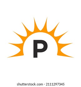 Sun Logo On Letter P Concept. Sun Icon Vector Design With P Letter Template 