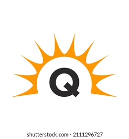 Sun Logo On Letter Q Concept. Sun Icon Vector Design With Q Letter Template 