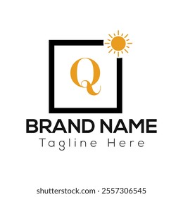 Sun Logo on Letter Q Sign. Sun Icon with Logotype Concept