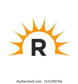 Sun-Logo auf Buchstabe R-Konzept. Sun-Symbol-Vektordesign mit R-Letter-Vorlage 