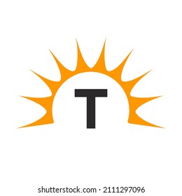 Sun Logo On Letter T Concept. Sun Icon Vector Design With T Letter Template 