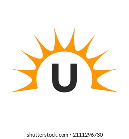 Sun Logo On Letter U Concept. Sun Icon Vector Design With U Letter Template 