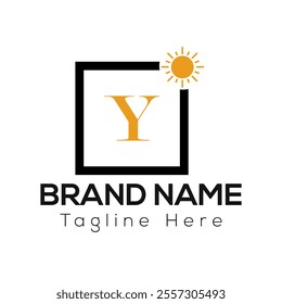 Sun Logo on Letter Y Sign. Sun Icon with Logotype Concept