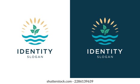 Sun logo with sea wave, leaf and plant vector set design