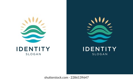 Sun logo with sea wave, leaf and plant vector set design