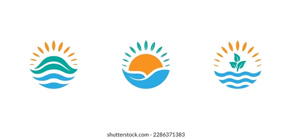 Sun logo with sea wave, leaf and plant vector set design