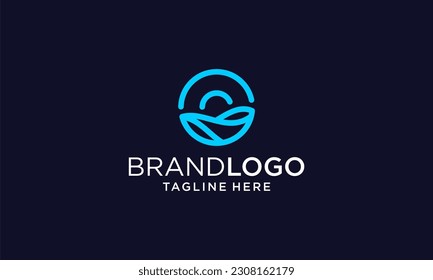 Sun logo with sea wave vector design
