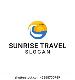 Sun logo with sea wave vector design
