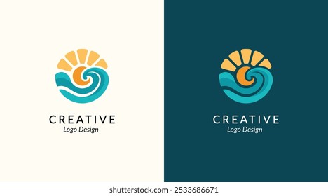 Logotipo do sol com projeto do vetor da onda do mar. Modelo de ícone de logotipo da Sun