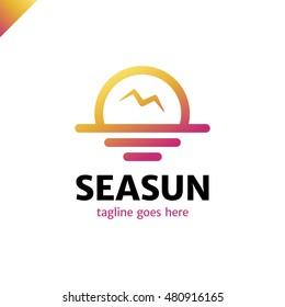 sun Logo with seagulls. Simple line travel logotype with bird