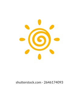 Sun Logo Spiral Hollow Center Symbol for hot sunny day branding, summer vacation icon, childish weather illustration, warm climate project, nature and heat focused graphic design. Vector Illustration.