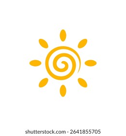 Sun Logo Spiral Summer Symbol for hot weather, sunny day designs, summer vacation branding, tropical energy visuals, June and July heat themes, and kids holiday illustrations. Vector Illustration.