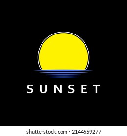 Sun logo. Sunset, Sea and Ocean on black background. Travel agency design template element. Vector illustration
