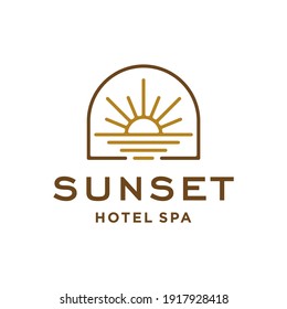 sun logo, sunset sunrise with beach ocean sea water logo icon vector in trendy line linear, abstract boho outline logo vector for hotel or spa