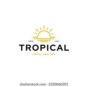 logotipo del sol, amanecer de la puesta de sol con el logotipo del agua del mar de la playa vectorial en línea de moda,